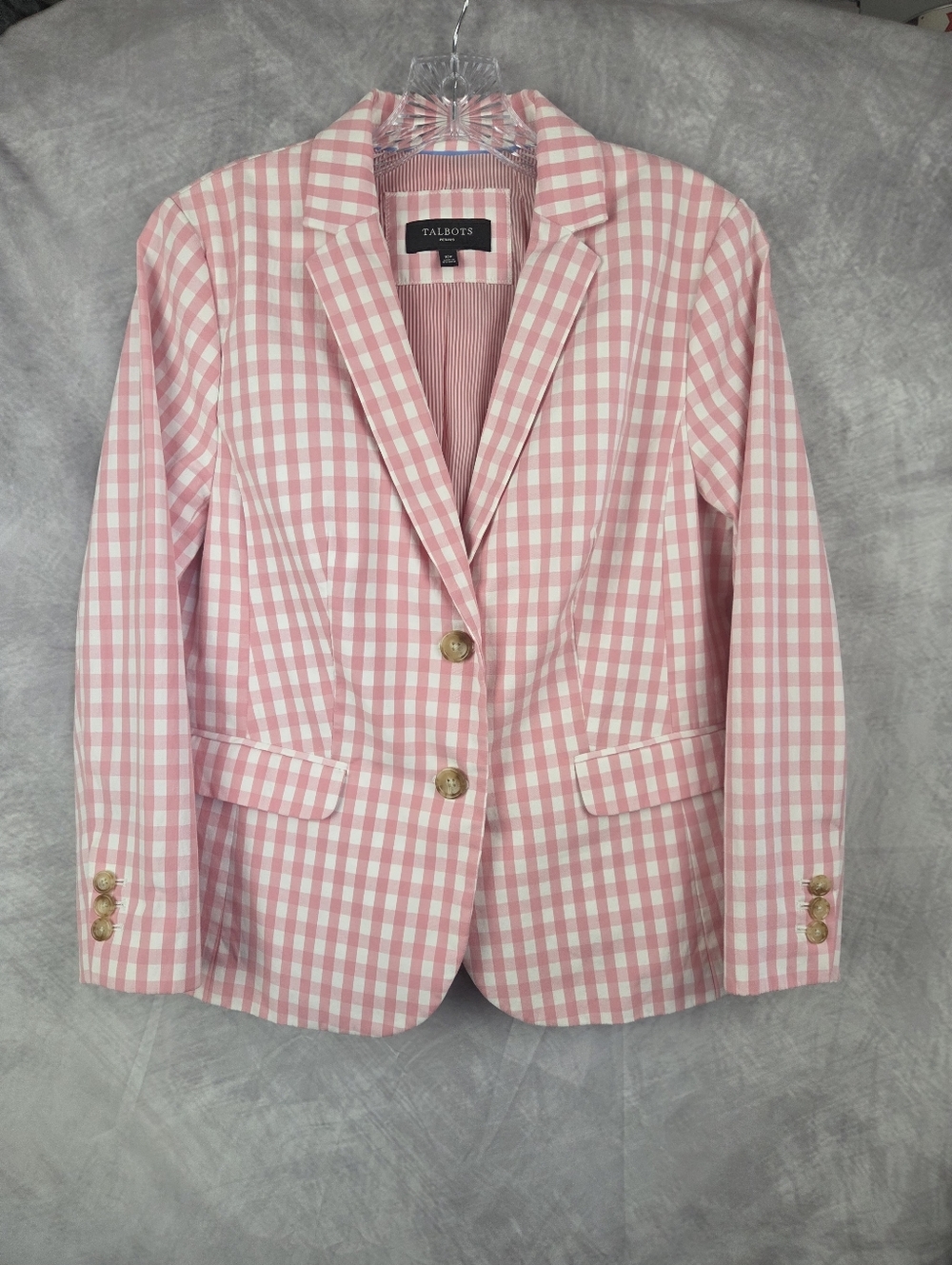 Talbots Petite Pink & White Gingham Blazer Jacket 10P Preppy Coastal - Picture 2 of 10